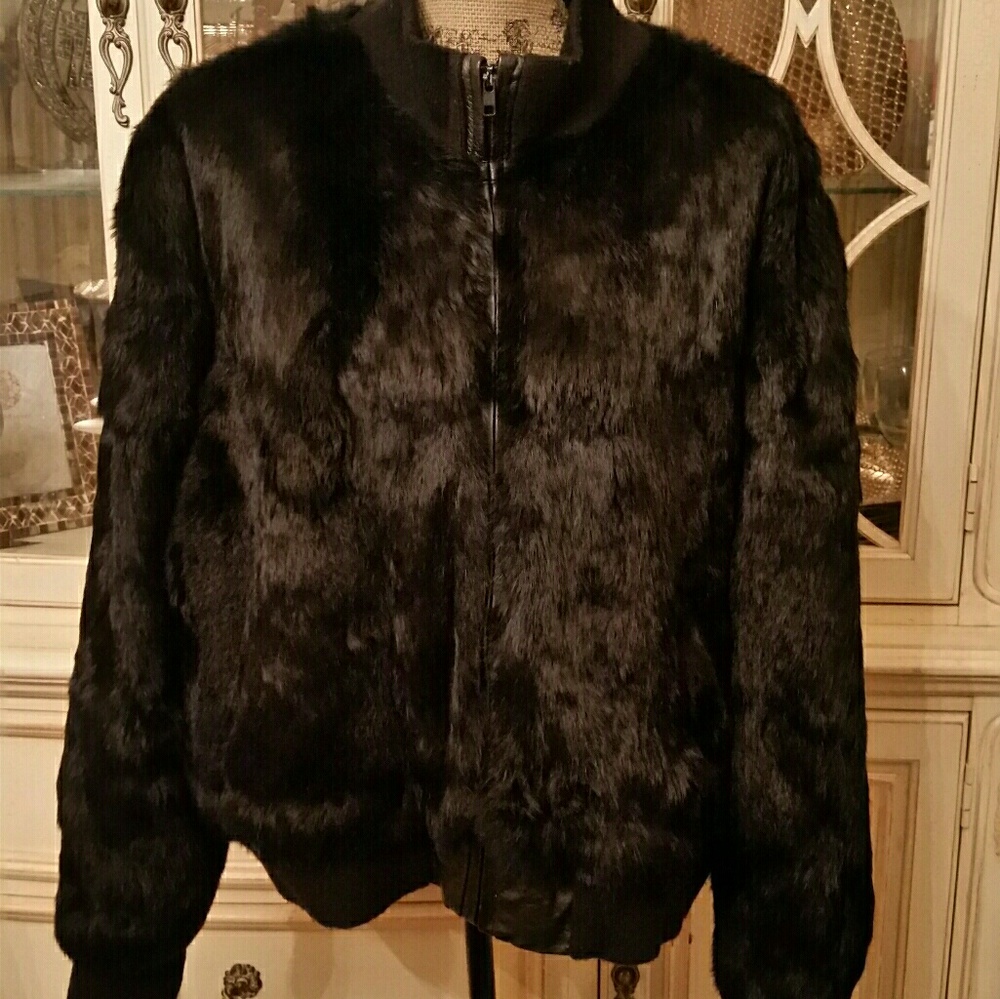 Ashley Stewart Plus Size Rabbit Fur Bomber Jacket